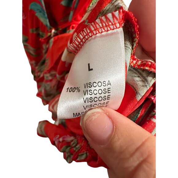 ✌️ 2/$40 ✌️ Italian Designer Red Floral Tie Wrap Dress with Ruffled Hem sz L - Picture 8 of 8